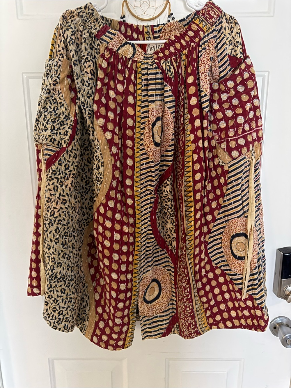 S1OAK Boho Kantha Cinch Peasant Skirt in Burgundy, Tan & Black